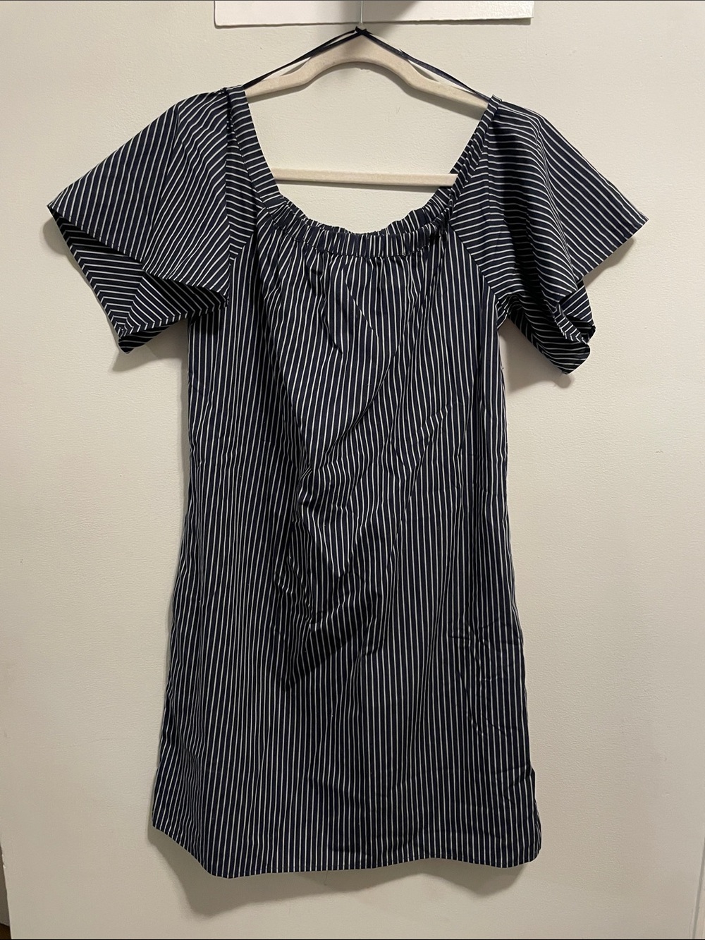 Banana Republic Navy and White Striped Off-Shoulder Dress